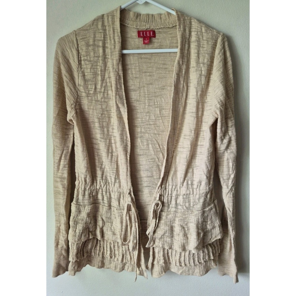 ELLE Women's Beige Open Cardigan Peplum Waist Drawstring Tie Accent Size S